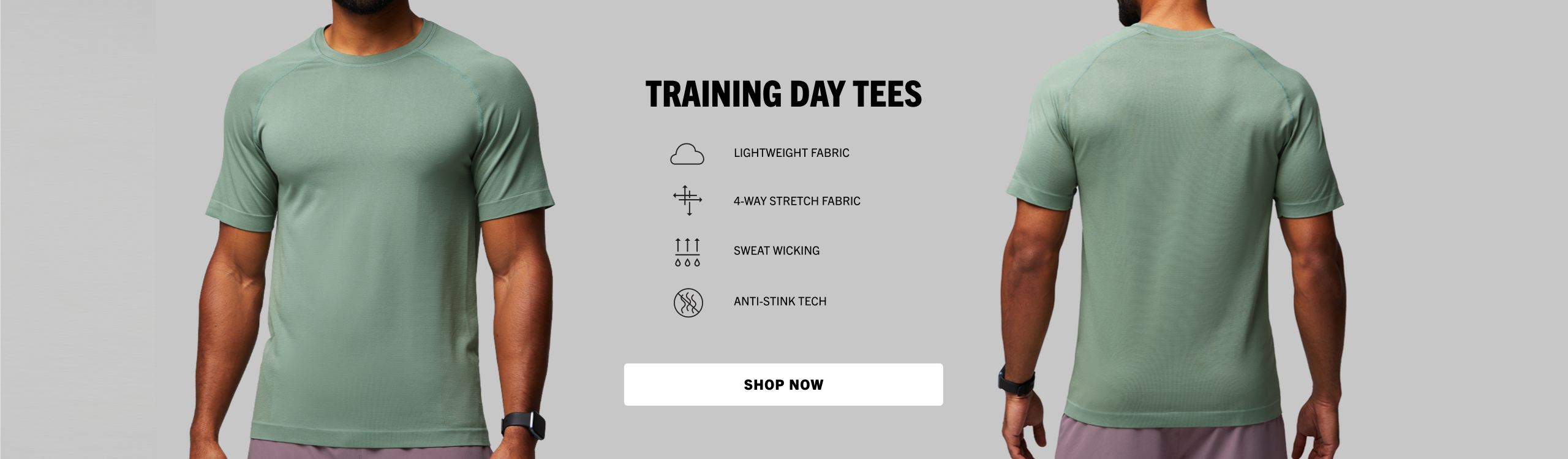 Click to shop Training Day Tees. Featuring a lightweight fabric, 4-way stretch, sweat wicking, and anti-stink tech.
